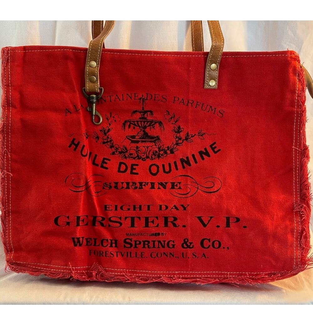 NWOT Red Canvas Tote Shoulder Bag Lined Leather Trim Removable Strap Graphics